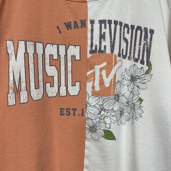 MTV Sweatshirt Medium Spliced Split Retro Crew Neck Pullover Music Floral Peach - Picture 4 of 8